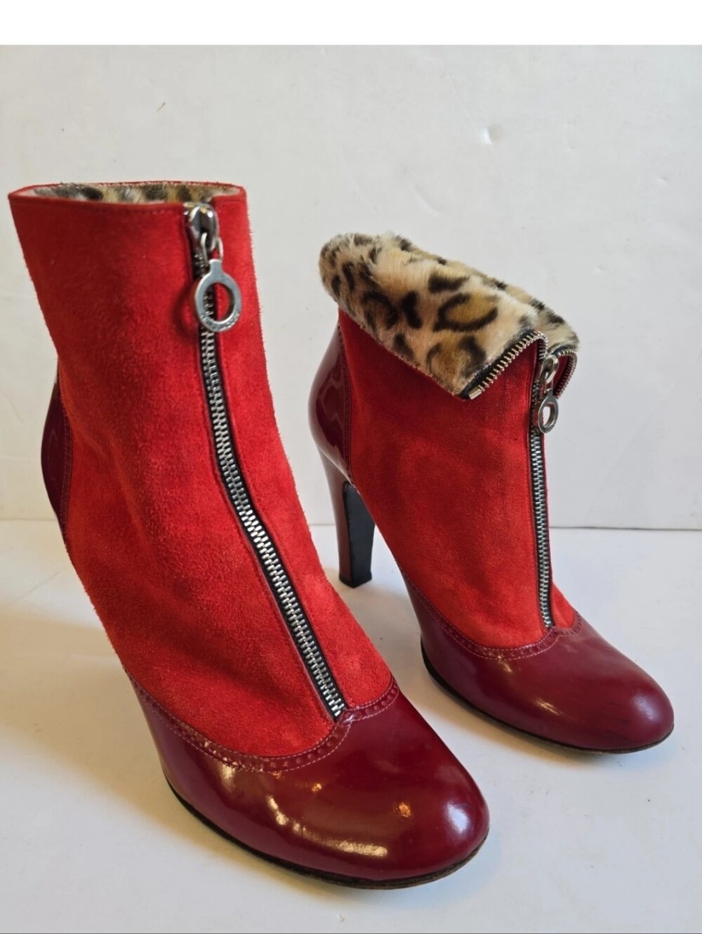 Vintage Marc Jacobs Red Suede & Patent Leather Ankle Boots with Leopard Trim